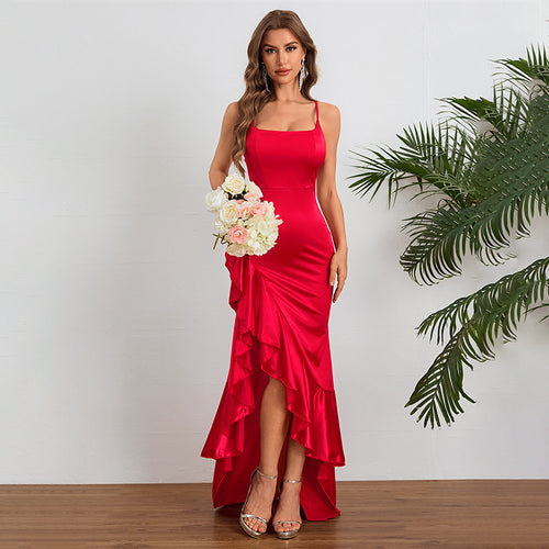 Damen elegantes Maxikleid mit asymmetrischem Rüschensaum und taillierter Silhouette Drune
