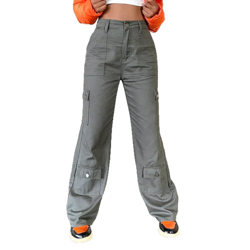 Damen Cargo-Hose mit hoher Taille, weitem Bein und aufgesetzten Pattentaschen Drune