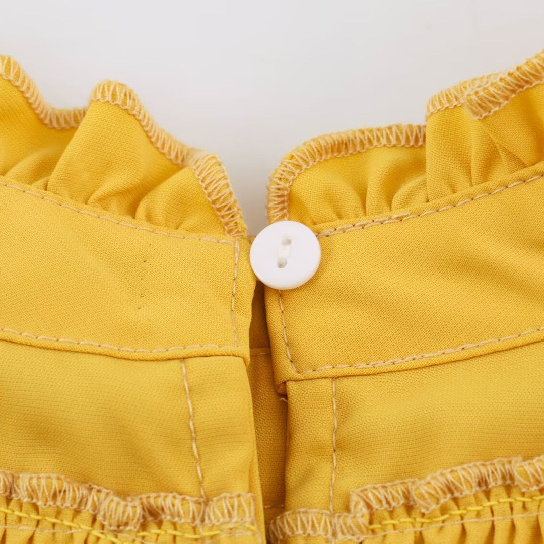 Damen Rüschen-Midikleid mit hohem Stehkragen, Stufenrock und Taillen-Smock Drune