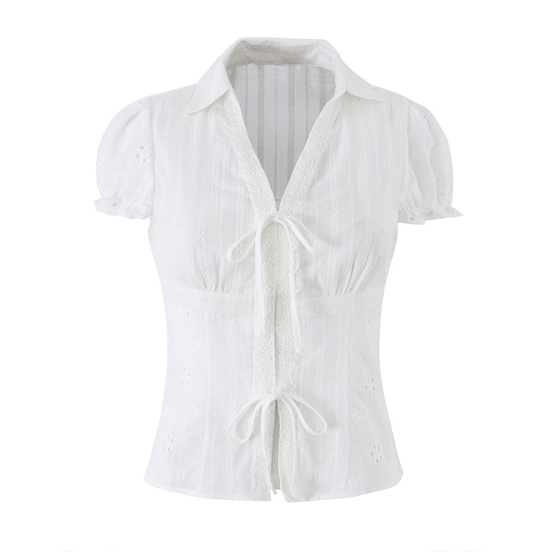 Damen Broderie-Anglaise Bluse mit Puffärmeln, Taillenbetonung und vorderer Bindung Drune