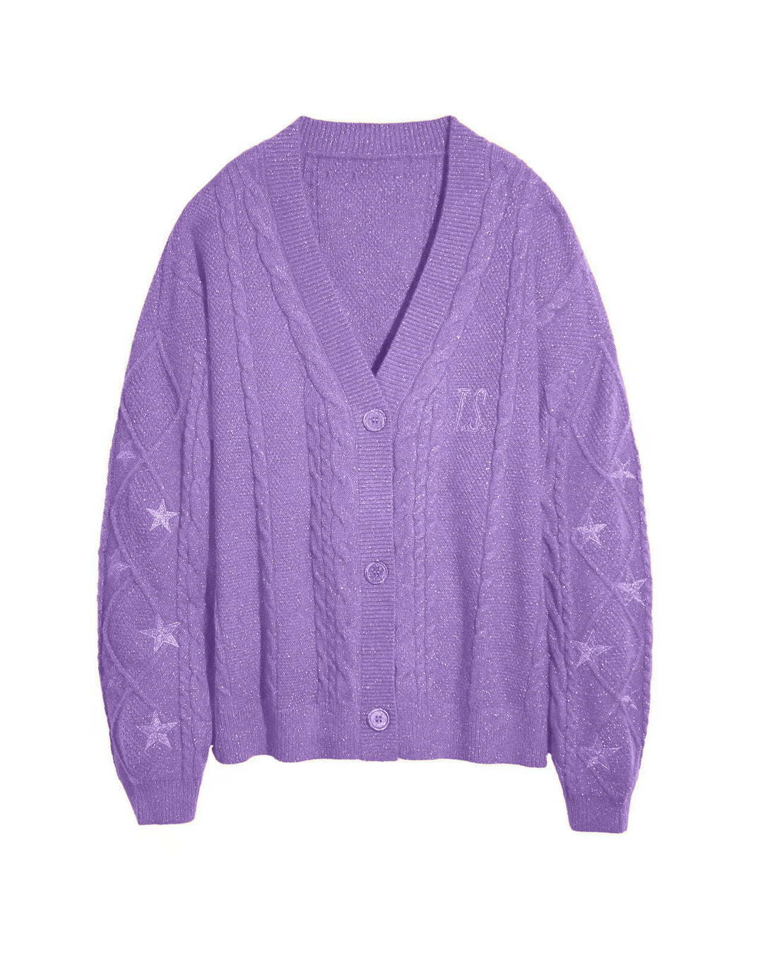 Damen nan großzügiger Grobstrick-Cardigan mit Zopfmuster, V-Ausschnitt und Sternstickereien Drune