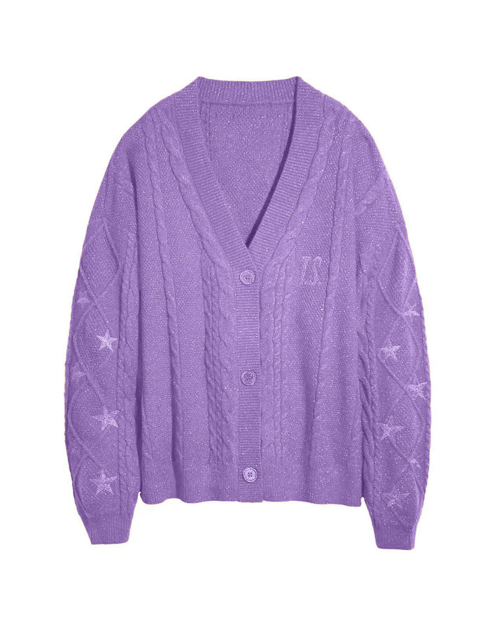Damen nan großzügiger Grobstrick-Cardigan mit Zopfmuster, V-Ausschnitt und Sternstickereien Drune