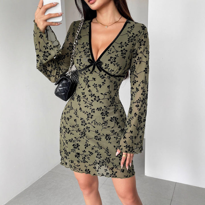 Damen nan tailliertes Netzstoff-Minikleid mit Samtflock-Blütenmuster, tiefem V-Ausschnitt und Schleifenapplikation Drune
