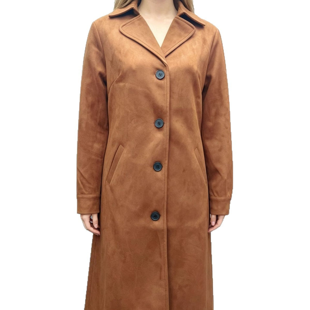 Damen nan langer Veloursimitat-Mantel mit klassischem Revers, markanter Knopfleiste und schrägen Eingrifftaschen Drune