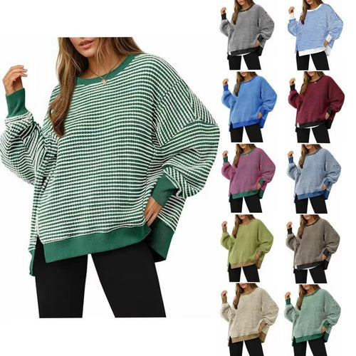 Damen Gestreifter Oversize-Sweater mit Rundhalsausschnitt und Seitenschlitzen Drune