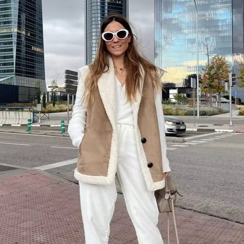 Damen warme Fleece-Weste mit klassischem Kragen und praktischen Taschen Drune