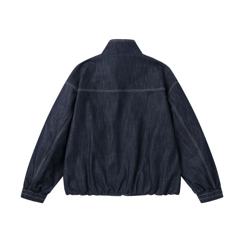 Unisex Kastenförmige Jeans-Blousonjacke mit Stehkragen, Reißverschluss und elastischem Saum Drune