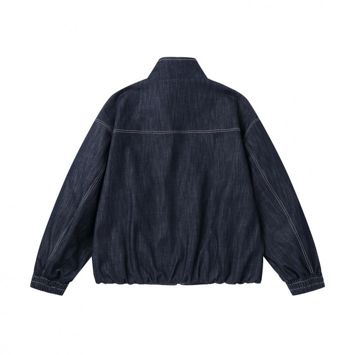 Unisex Kastenförmige Jeans-Blousonjacke mit Stehkragen, Reißverschluss und elastischem Saum Drune