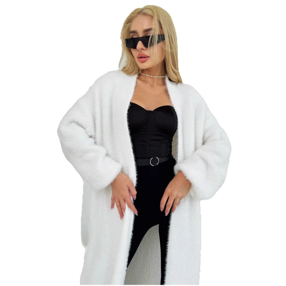 Damen Langer Flauschiger Cardigan mit offenem Schnitt und überschnittenen Ärmeln Drune