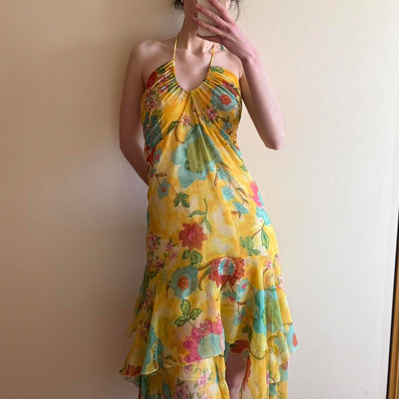 Damen Maxi-Kleid mit floralen Rüschen und tiefem V-Ausschnitt Drune