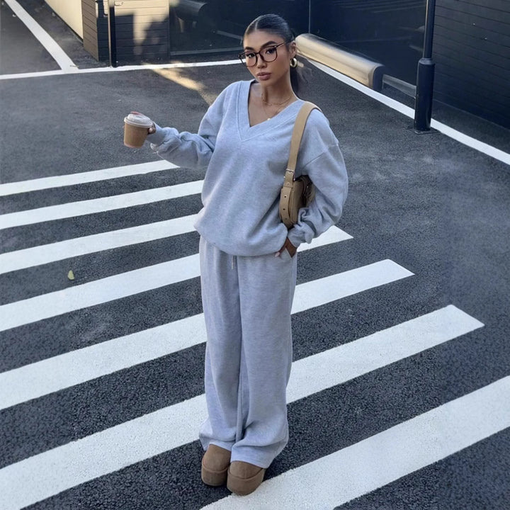 Damen lässiges V-Ausschnitt Sweatshirt und weite Jogginghose Drune