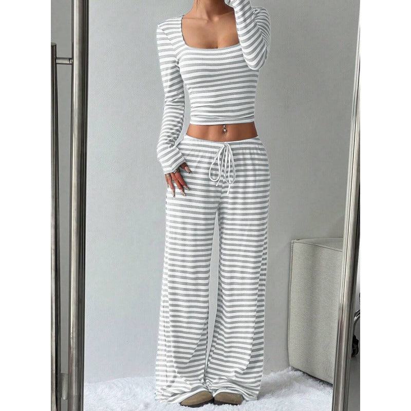 Damen Gestreifter Lounge-Zweiteiler mit weitem Bein und Cropped Langarmtop Drune