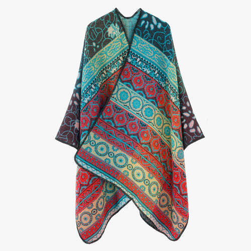 Damen Jacquard-Cape mit geometrischem Ornamentmuster und kontrastierter Kettelnaht Drune