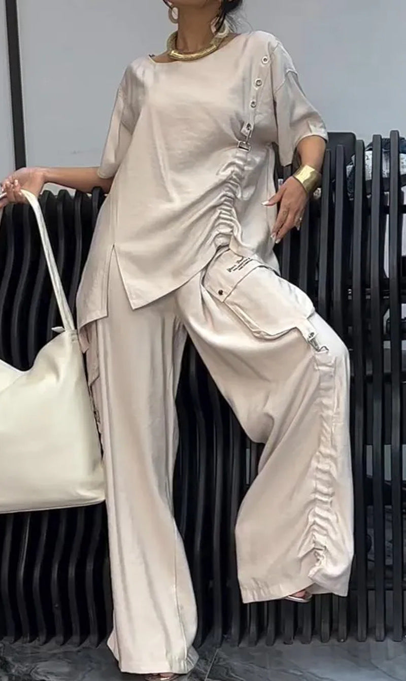 Damen nan legeres zweiteiliges Set mit übergroßem Rundhals-Shirt, seitlicher Raffung und weiter Cargo-Hose Drune