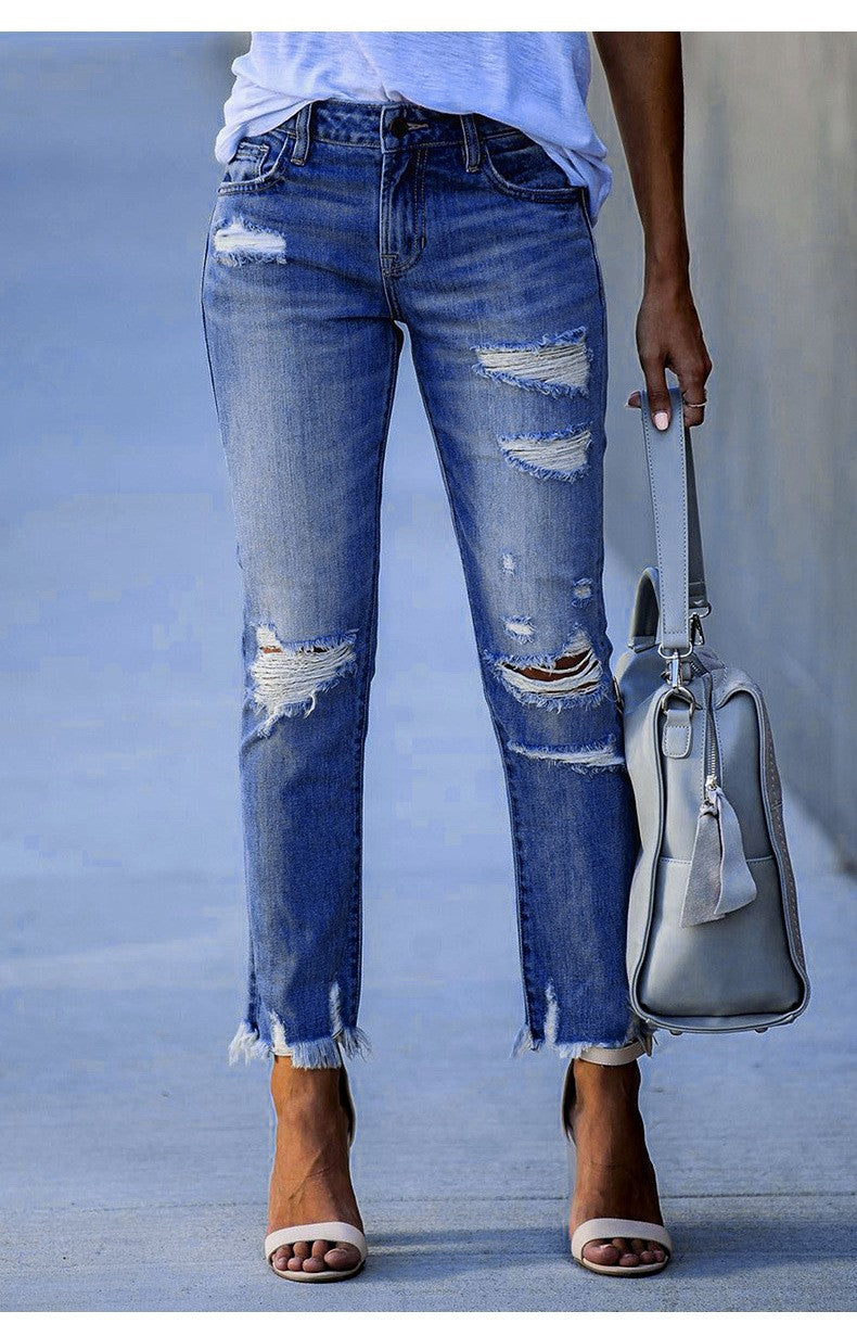 Damen Ripped High-Waist Jeans mit fransigem Saum und modischen Destroyed-Details Drune