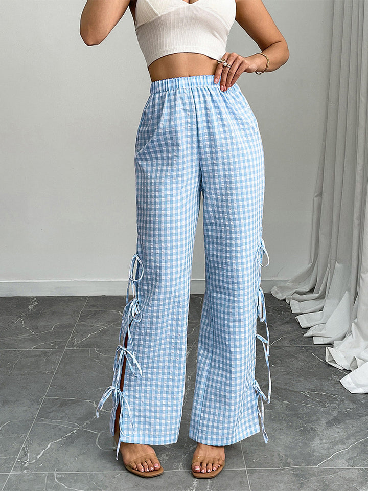 Damen High‑Waist Leinenoptik-Hose mit Gingham-Karo, weitem Bein & seitlichen Bändchen-Details Drune
