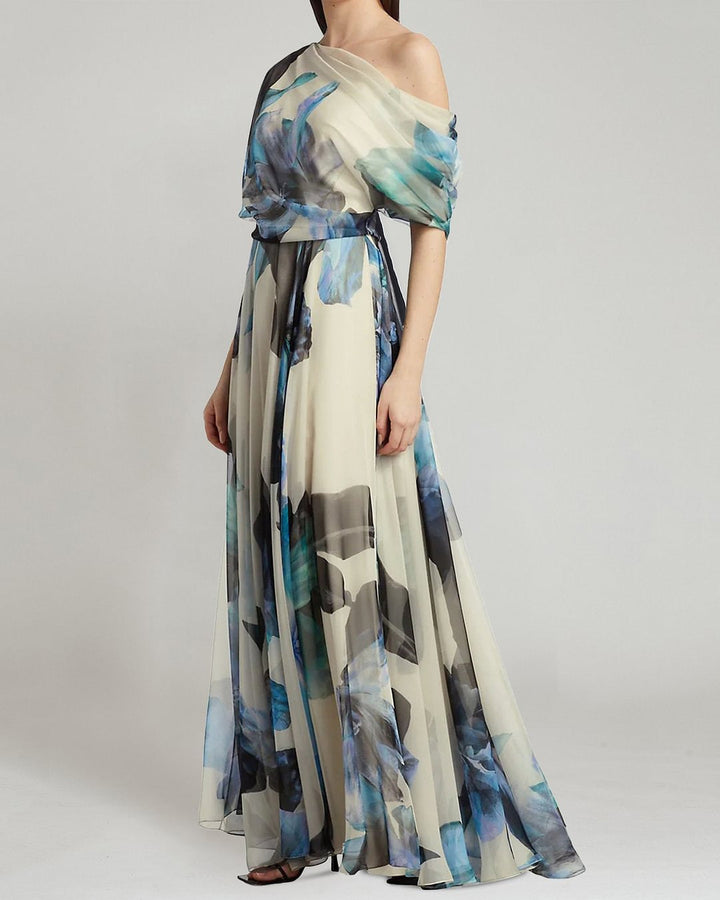 Damen elegantes Chiffon-Kleid mit schulterfreiem Design und floralem Muster Drune