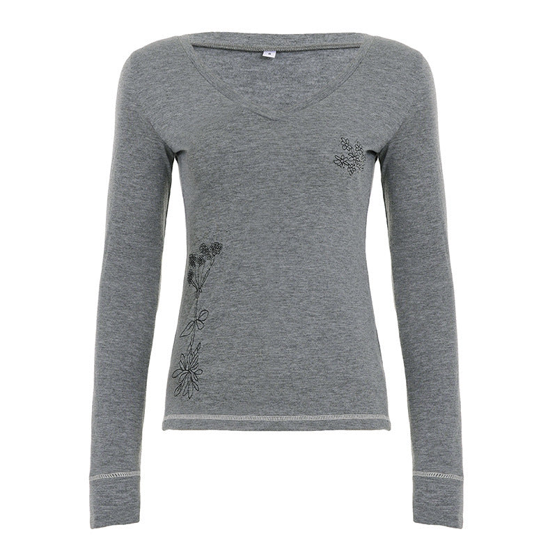 Damen Langärmeliges V-Ausschnitt-Shirt mit feiner Blumenstickerei Drune