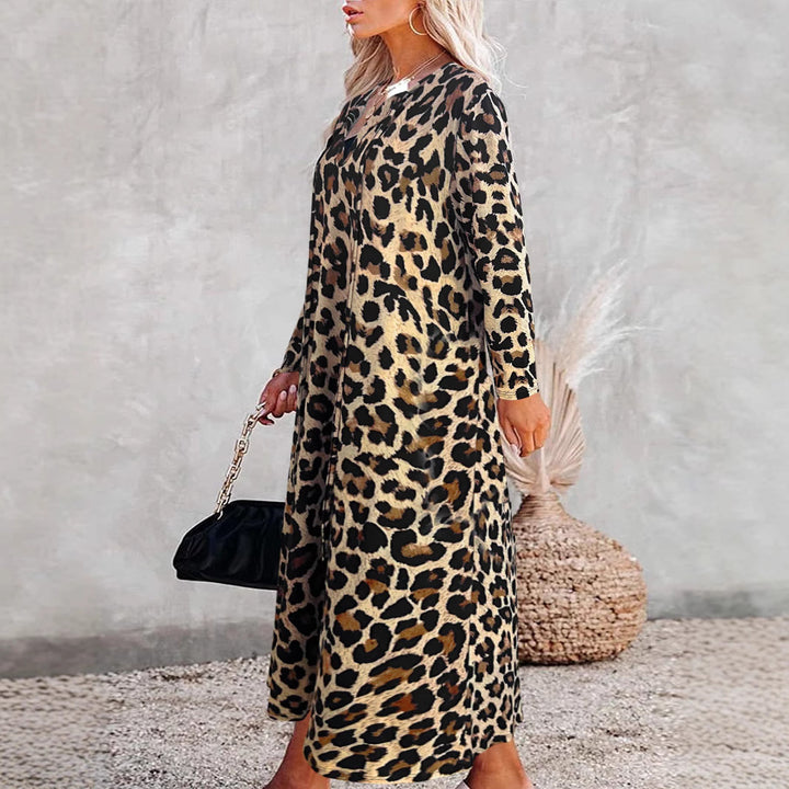Damen Maxi-Kleid im Leoprint mit V-Ausschnitt, dreiviertelärmeln und weiter A‑Linie Drune