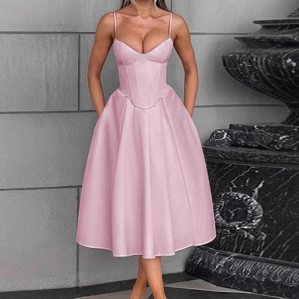 Damen Elegantes A-Linien Midi-Kleid mit Spaghettiträgern und weichem Stoff Drune