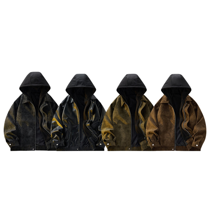 Herren Oversized Velourslederoptik Bomberjacke mit Kapuze und Doppelreißverschluss Drune