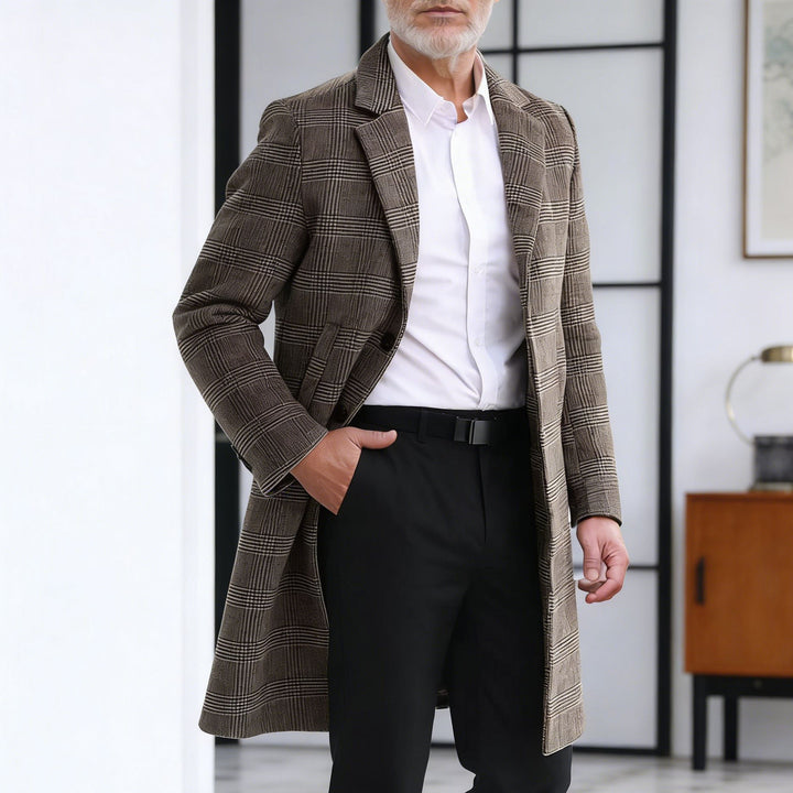 Herren Wollblendmantel im Glencheck mit schlanker langer Silhouette Drune