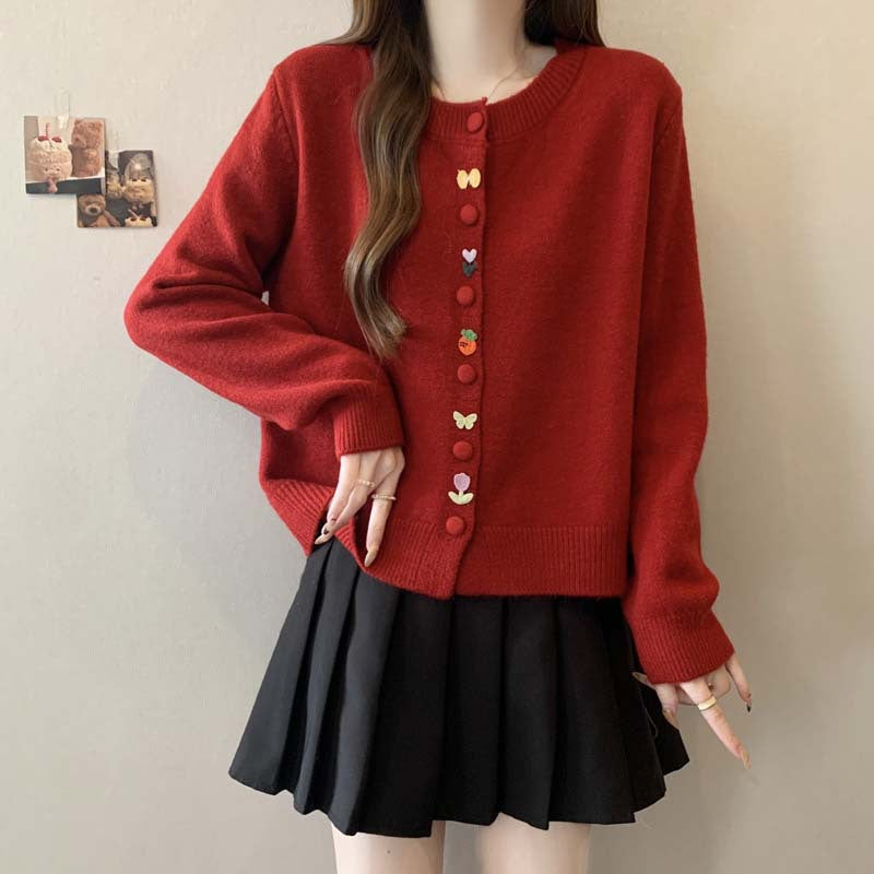 Damen kuschelige Strickjacke mit bunten Knöpfen Drune