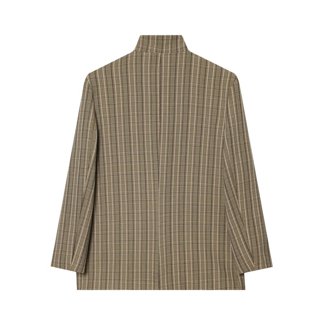 Damen Kastenförmiger Glencheck-Blazer mit Stehkragen und Pattentaschen Drune