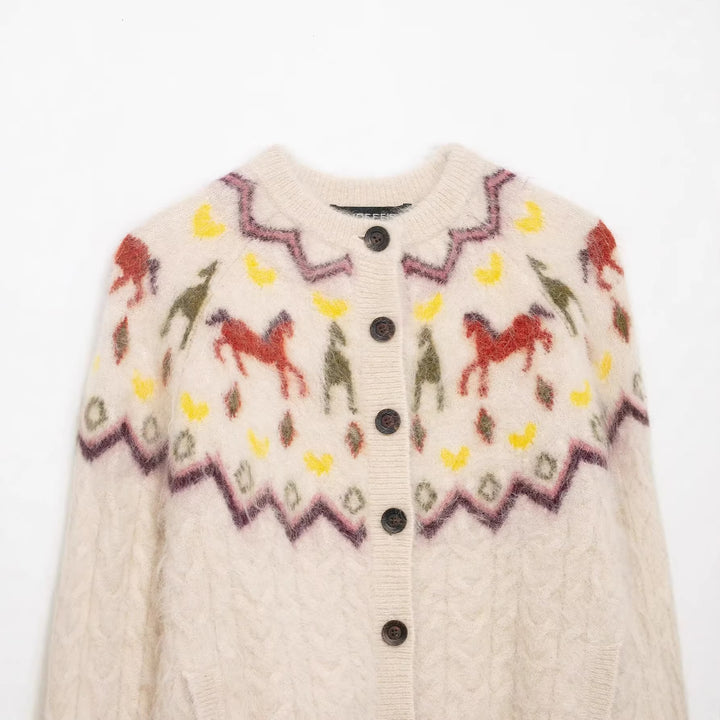 Damen 10+ gemusterte Mohair‑Cardigan mit Norweger‑Motiv, Zopfmuster und Knopfleiste Drune