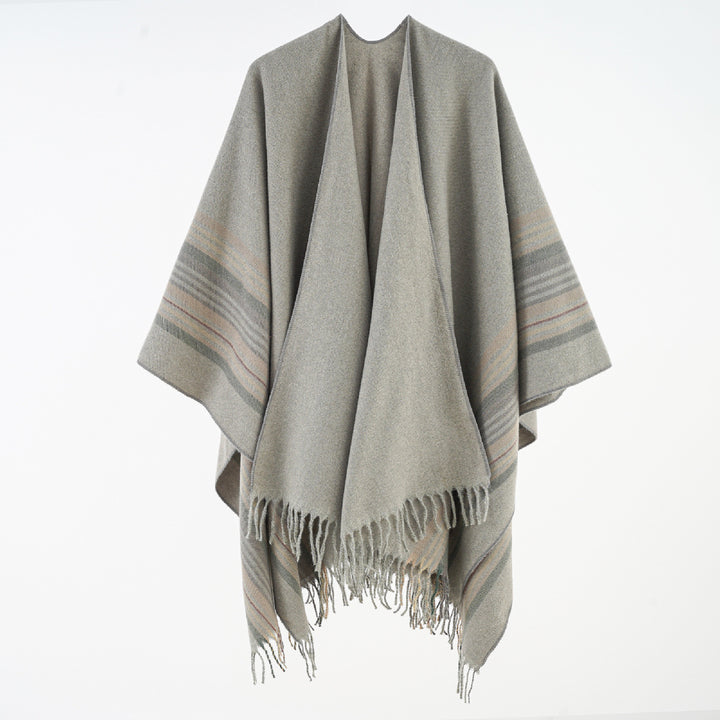 Damen Weichfallender Umlegeponcho mit gestreifter Bordüre und Fransensaum Drune
