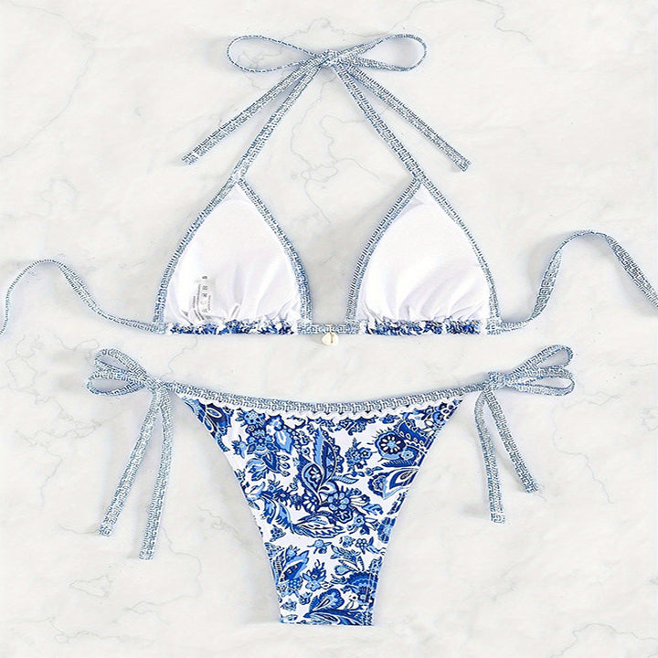 Damen Triangel-Bikini mit romantischem Blumenmuster und verstellbaren Trägern Drune