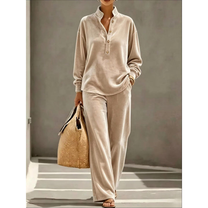 Damen Velours-Loungewear-Set mit Stehkragen-Henleytop und weiter Palazzohose Drune