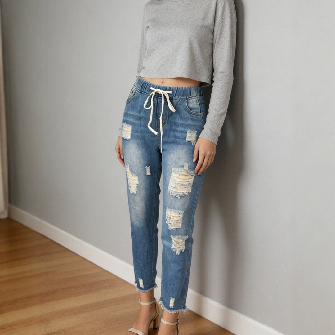 Damen nan lockere Destroyed-Denim Jogger mit elastischem Kordelbund und ausgefranstem Knöchelabschluss Drune