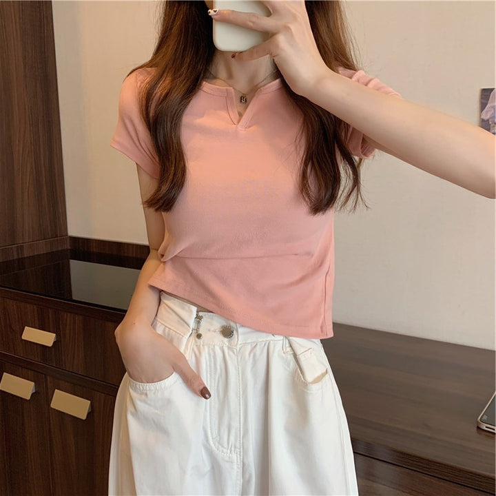 Damen Kurzarm T-Shirt mit elegantem V-Ausschnitt und modischem Detail Drune