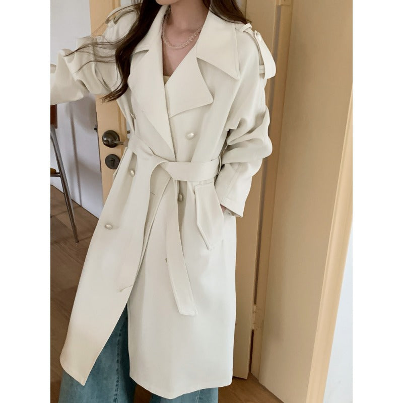 Damen Midilanger Trenchcoat mit Oversize-Schultern und Perlmuttknöpfen Drune