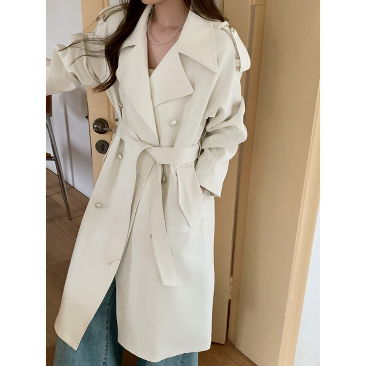 Damen Midilanger Trenchcoat mit Oversize-Schultern und Perlmuttknöpfen Drune
