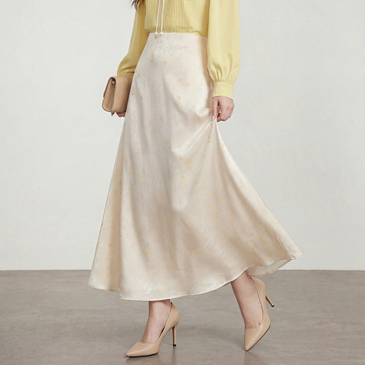 Damen nan A-Linien Midirock aus Jacquard-Satin mit floralen und Schmetterlingsreliefs Drune