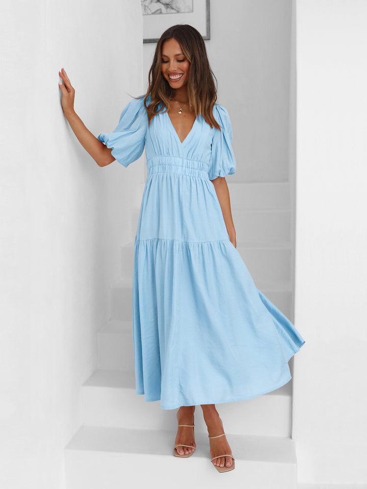 Damen Maxikleid mit puffärmeligem Design und elastischem Taillenzug Drune