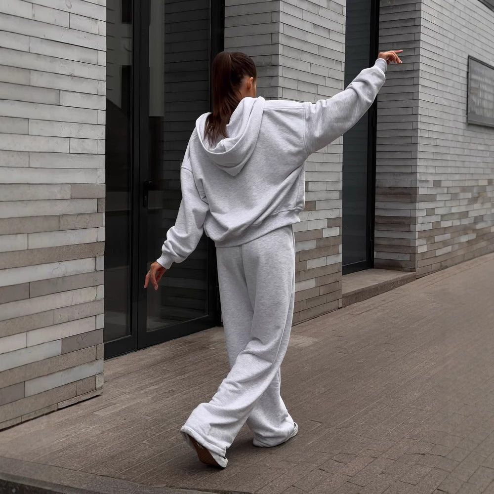 Damen extraweites Relaxed-Fleece-Set mit überlanger Kapuzenzipjacke und fließender Hose mit hohem Bund Drune