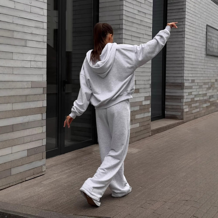 Damen extraweites Relaxed-Fleece-Set mit überlanger Kapuzenzipjacke und fließender Hose mit hohem Bund Drune