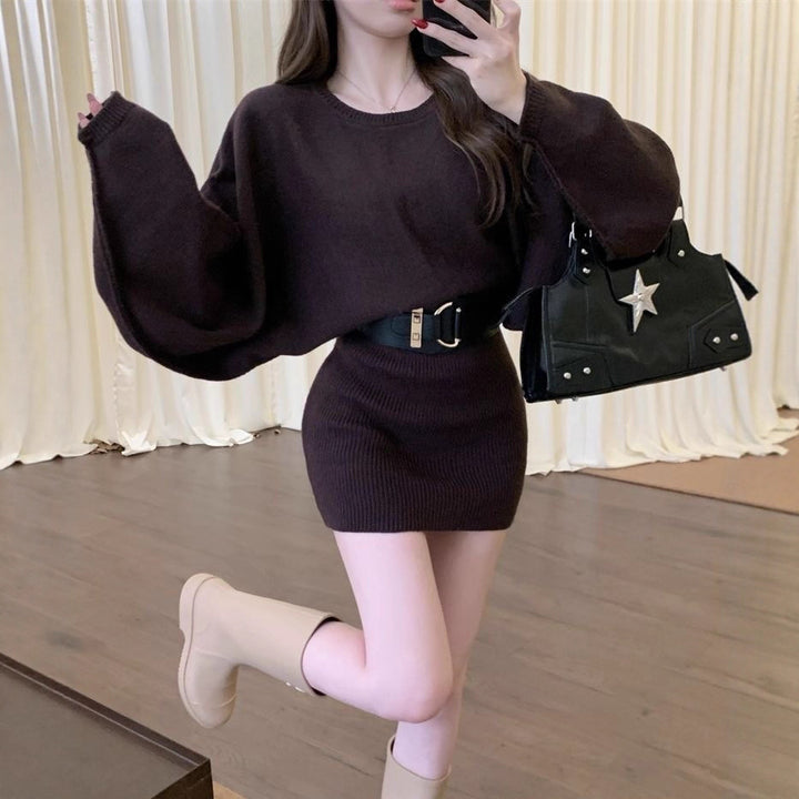 Damen Modisches Strickkleid mit weichem Material und breiten Ärmeln Drune