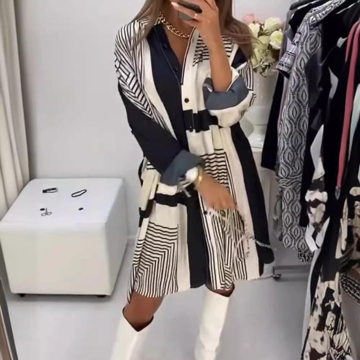 Damen nan knieumspielendes A-Linien-Hemdblusenkleid mit grafischem Linienprint, verdeckter Knopfleiste und oversized Manschetten Drune