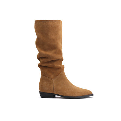 Damen Wadenhohe Stiefel aus Veloursleder mit lässigen Schaftfalten und flachem Absatz Drune