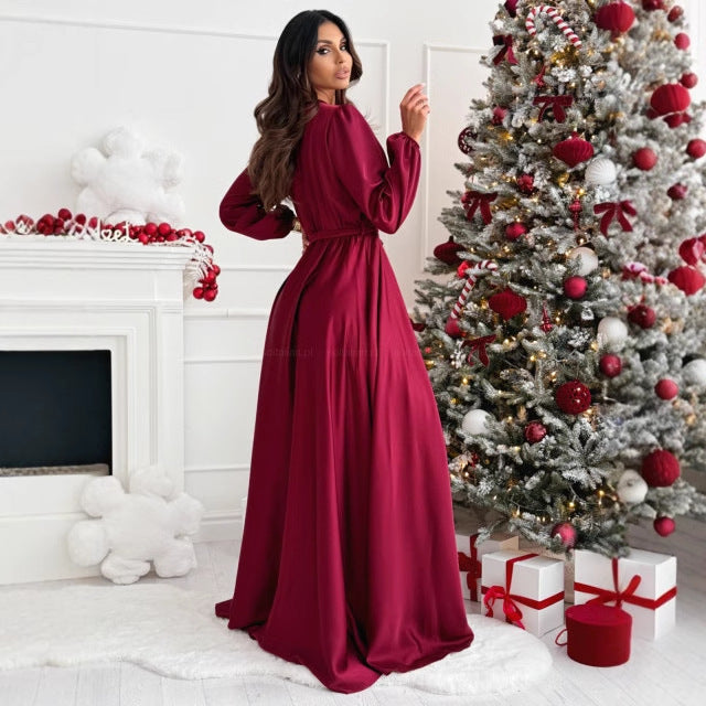 Damen elegantes Maxikleid mit schlanker Silhouette und tailliertem Gürtel Drune