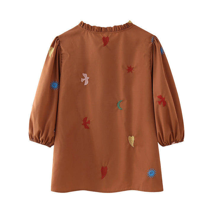 Damen nan bestickte Tunika-Bluse mit Rüschenkragen, durchgehender Knopfleiste und Ballonärmeln Drune