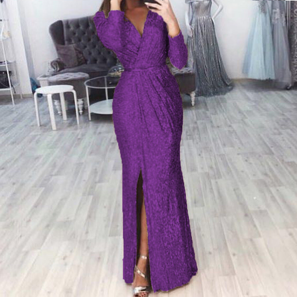 Damen Abendkleid mit Wickelfront, langem Beinschlitz und taillierter Meerjungfrauen‑Silhouette Drune