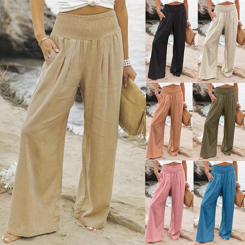 Damen Weite Leinenhose mit elastischem Bund und praktischen Taschen Drune