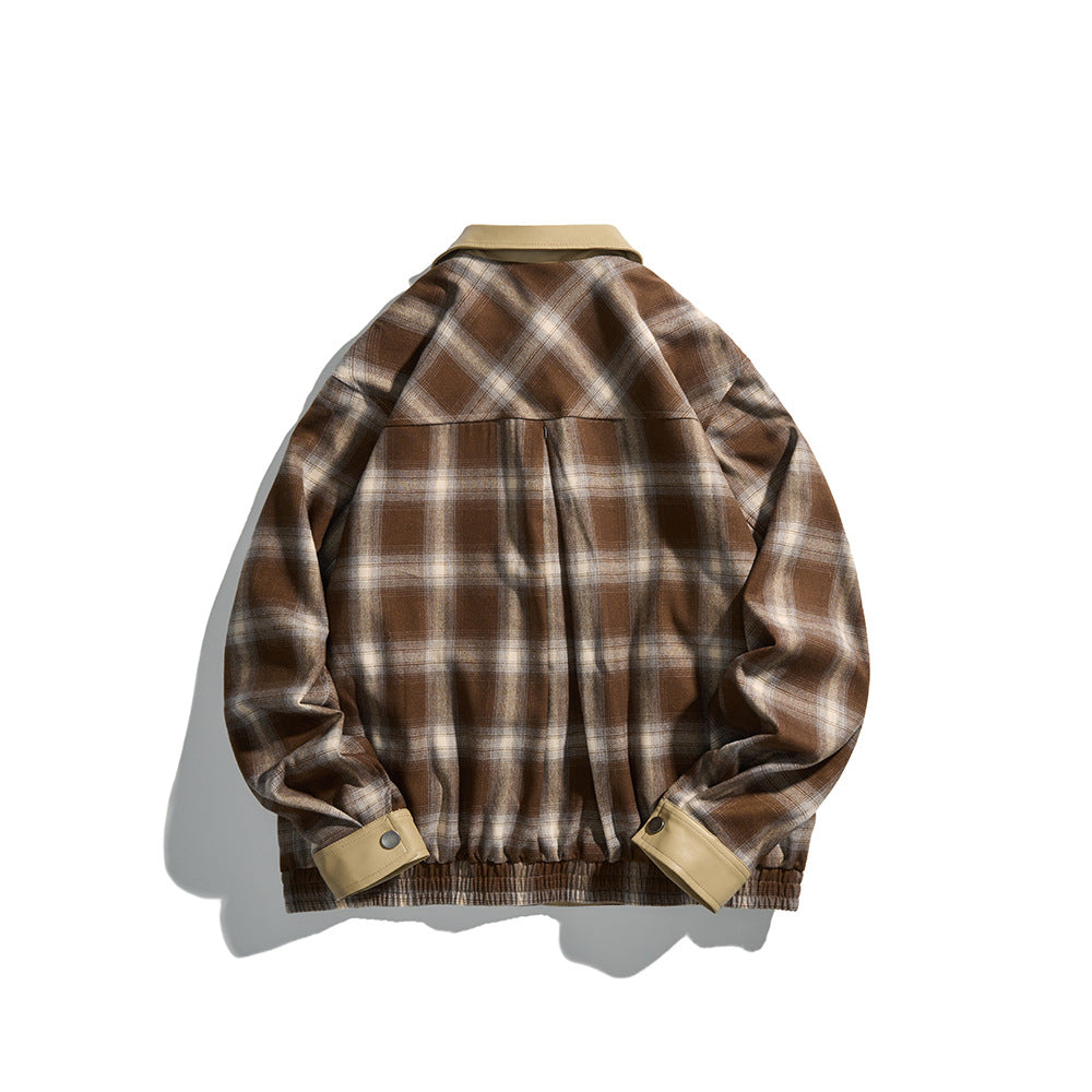 Herren Karierte Overshirt‑Jacke aus Flanell mit Kunstleder‑Details und Druckknopfleiste Drune