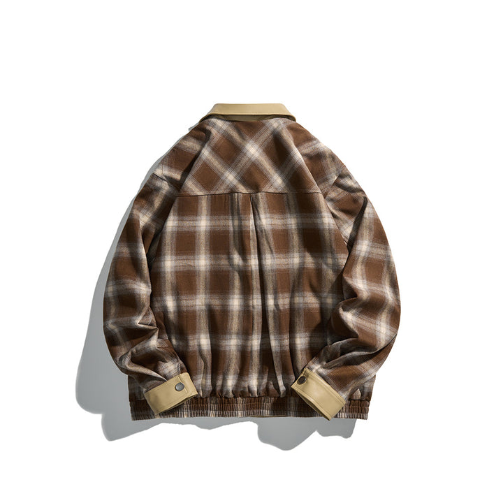 Herren Karierte Overshirt‑Jacke aus Flanell mit Kunstleder‑Details und Druckknopfleiste Drune