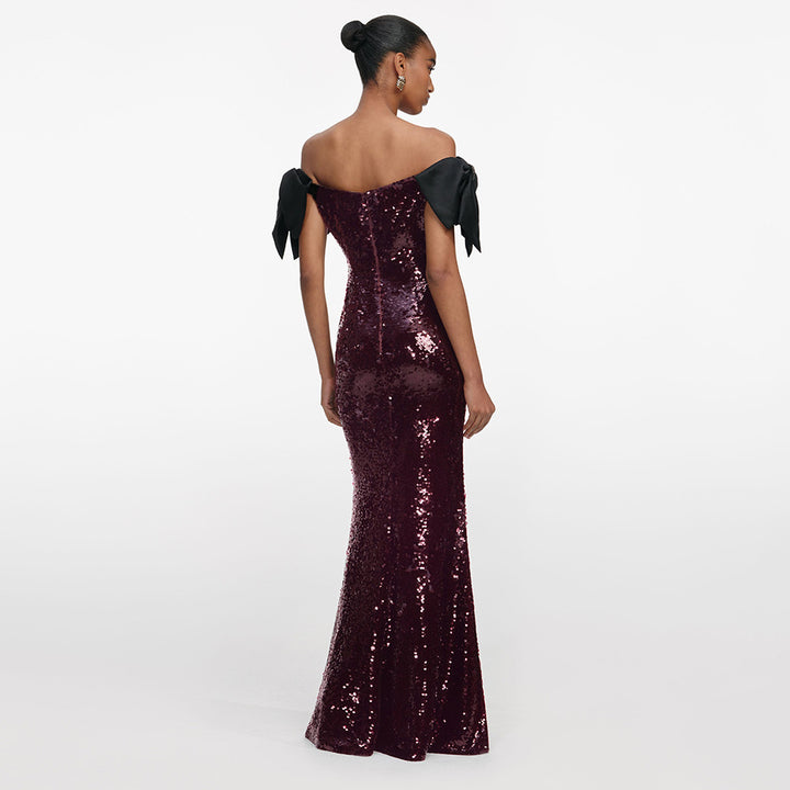 Damen Elegantes Pailletten-Maxikleid mit schulterfreiem Design und dekorativen Schleifen Drune